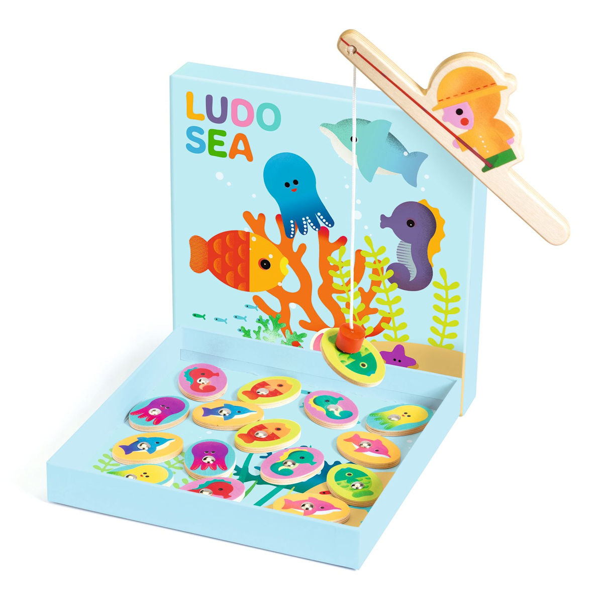 Djeco Wooden Educational Game, Ludo Sea – 4-in-1 Game Set including Fishing Game