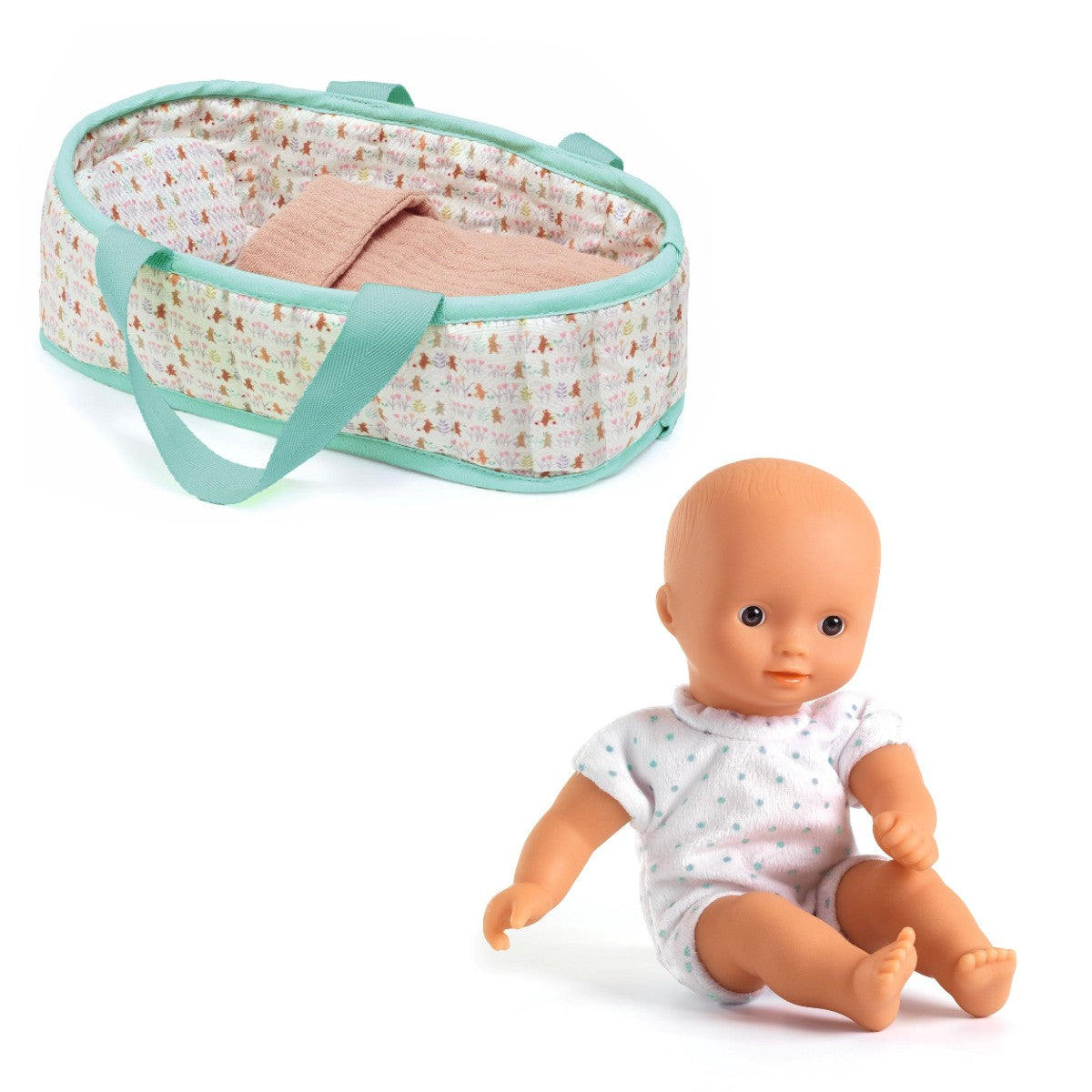 Djeco Pomea Mini Doll, Sasha in Carrycot