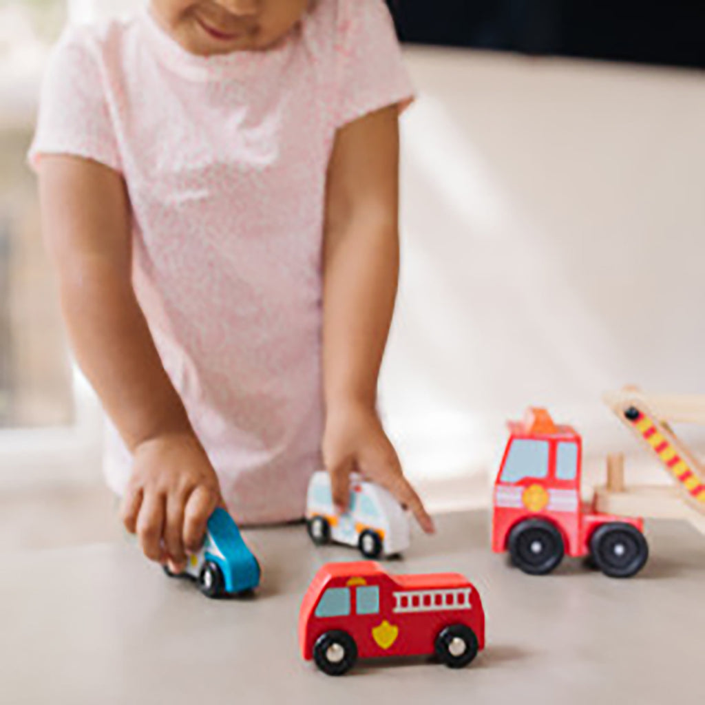 Melissa & Doug Wooden Toy Cars, Rescue Vehicle Transporter