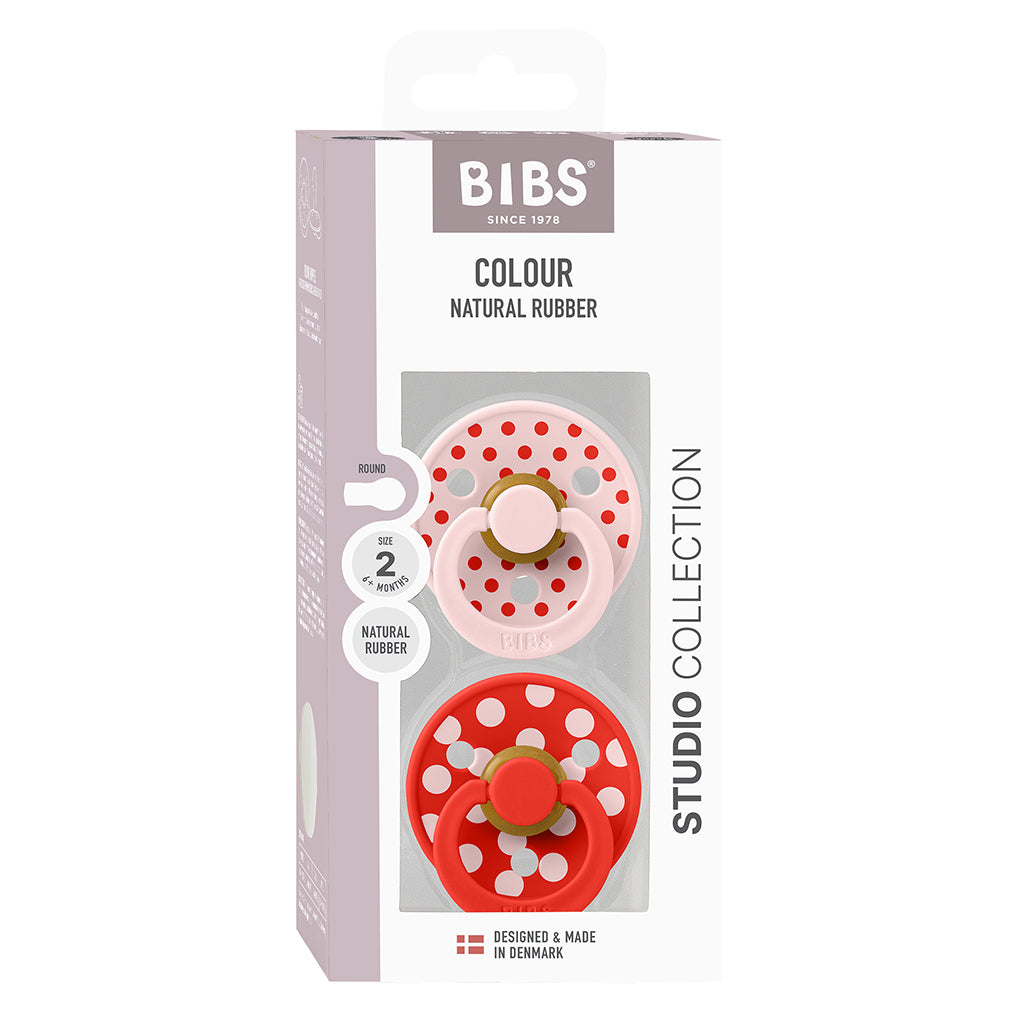 Bibs Natural Rubber Pacifier, 2-Pack, Size 2 - Studio Colour, Polka - Blossom/Candy Apple