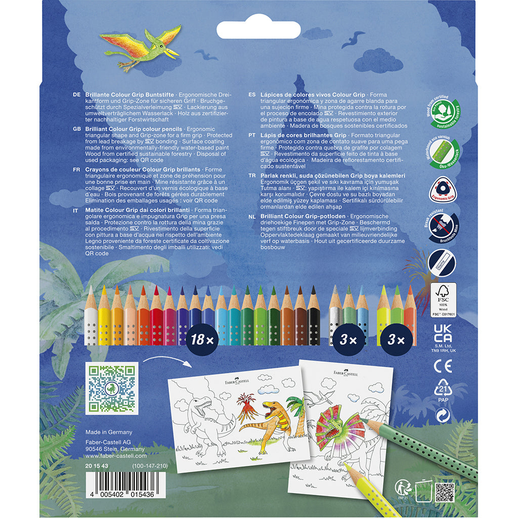 Faber-Castell 18+6 Grip Watercolor Colored Pencils + Stickers, Dinosaur