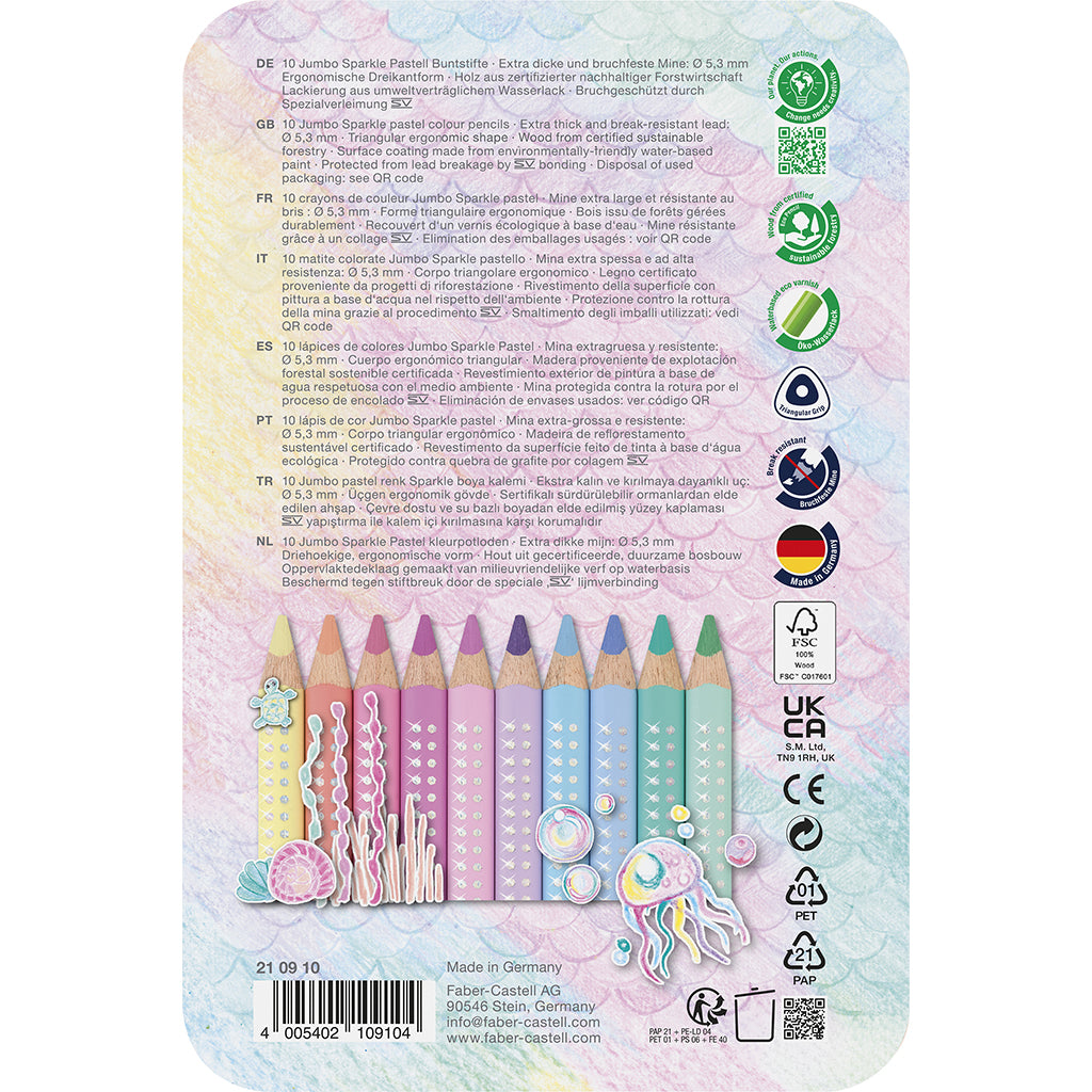 Faber-Castell, Jumbo Colored Pencils, 10 Pastel Shades in a Tin Case