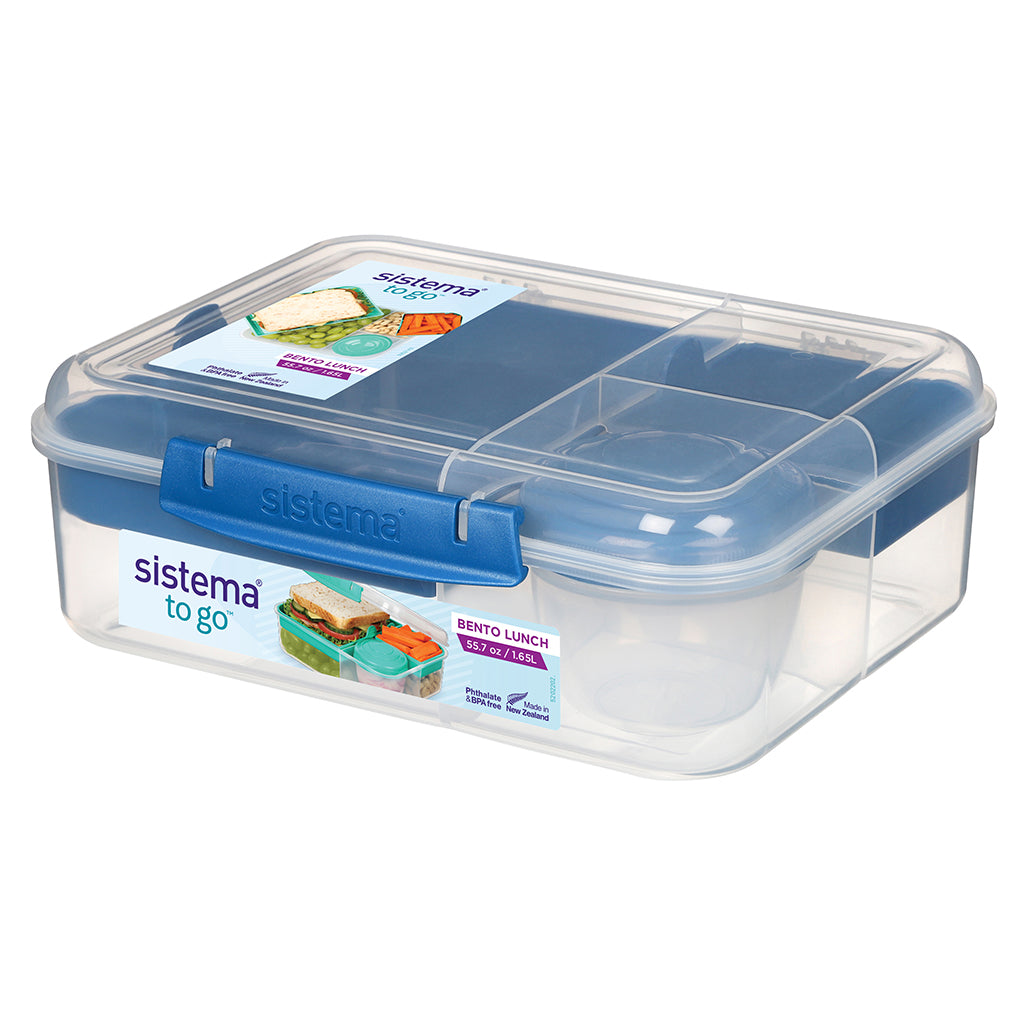 Sistema Bento Lunch Box with 3 Compartments and a Yogurt Container, 1.65L - Blue