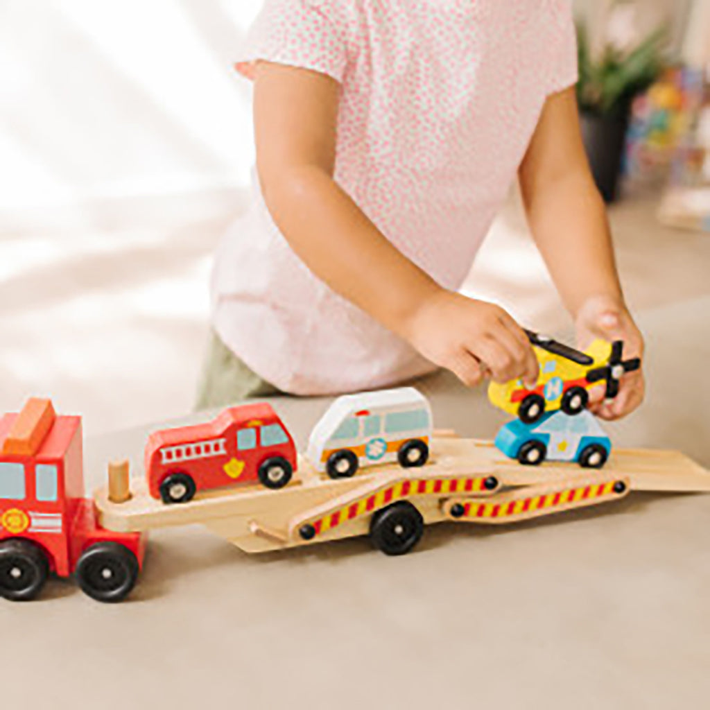 Melissa & Doug Wooden Toy Cars, Rescue Vehicle Transporter