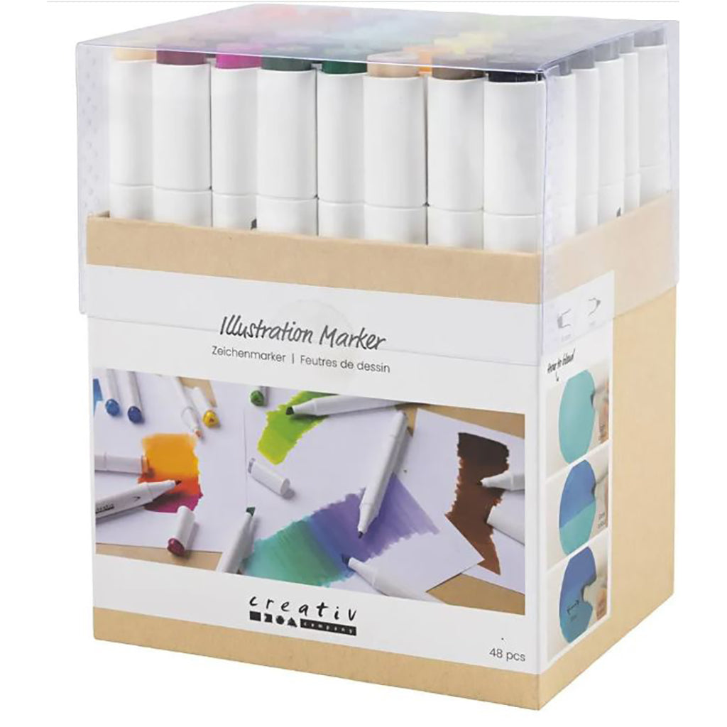 Illustration Markers, Double-Ended, 1mm + 8mm Tips, 48 Pieces - Standard Colors