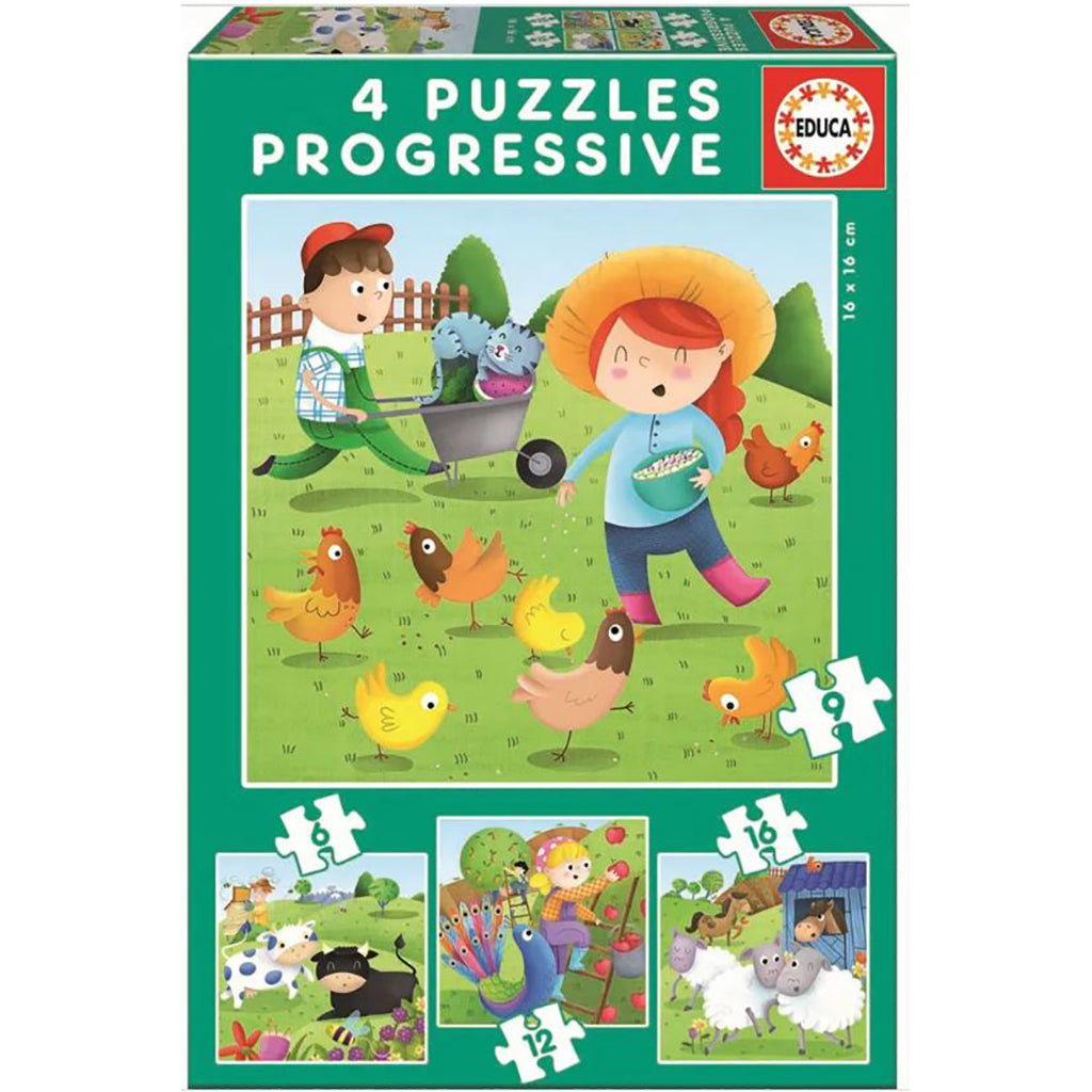 Educa Puzzle Set, 4 Farm Animal Puzzles - 6, 9, 12, and 16 Pieces
