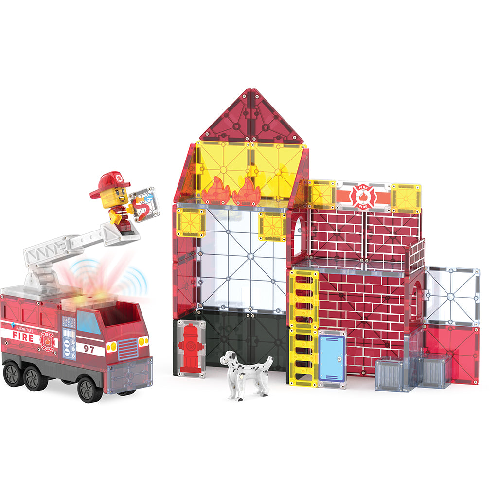 Magna-Tiles Magnetic Building Set, Fire Station with Lights and Sounds - 50 Pieces