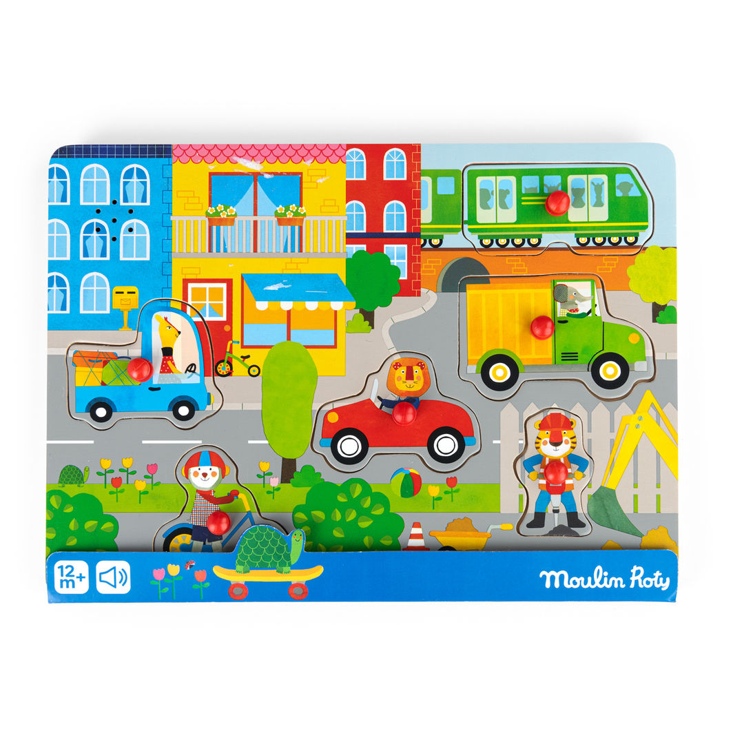 Moulin Roty - Knob Puzzle with Sound, 6 pcs - City - Les Popipop
