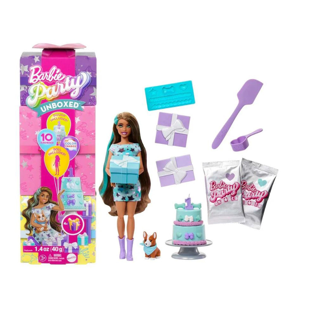 Barbie Party Unboxed Doll with Brown Hair and 10 Surprises