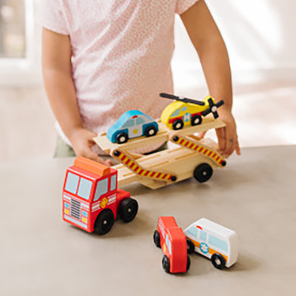 Melissa & Doug Wooden Toy Cars, Rescue Vehicle Transporter