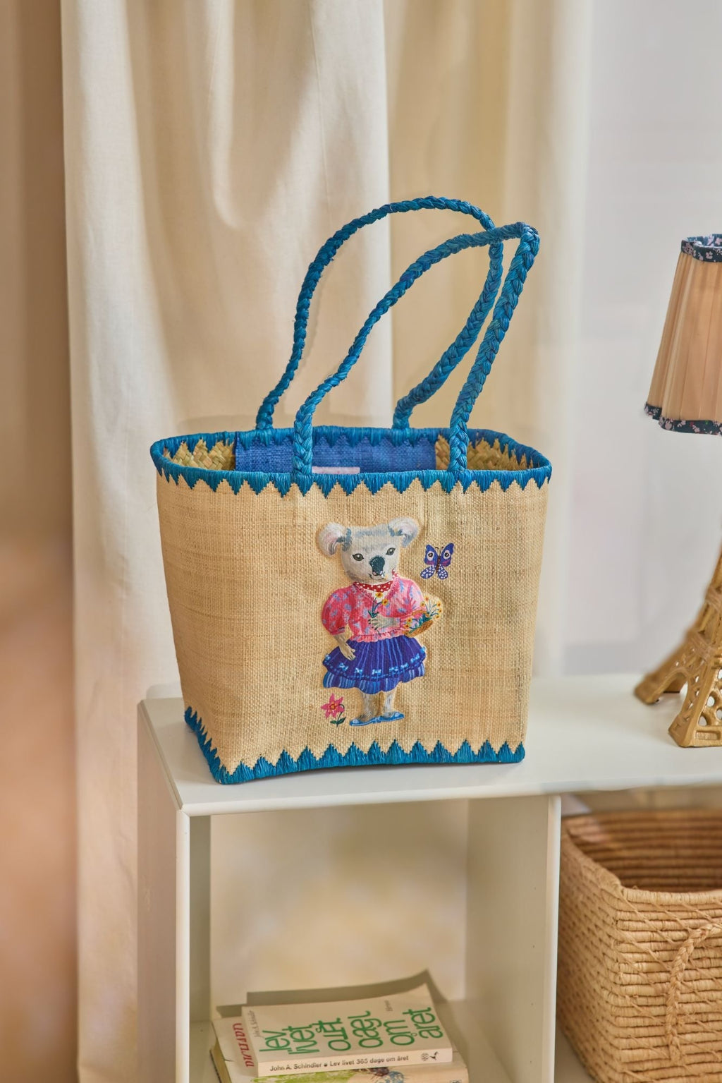Rice Basket Bag, Medium Raffia, Blue - Nathalie Lété Print