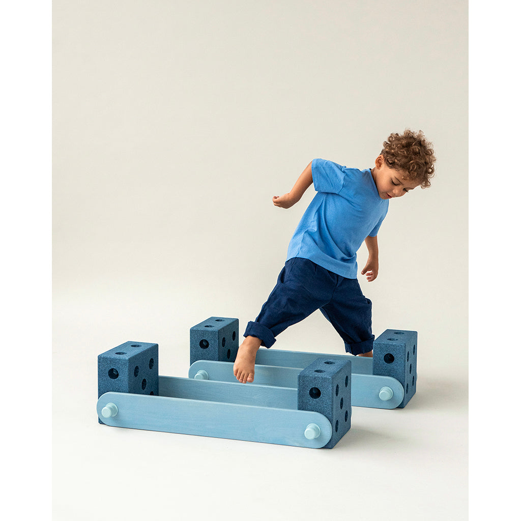 Modu Balance Track, Wooden Balance Beam with Foam Blocks, Activity Toy - Deep Blue / Sky Blue