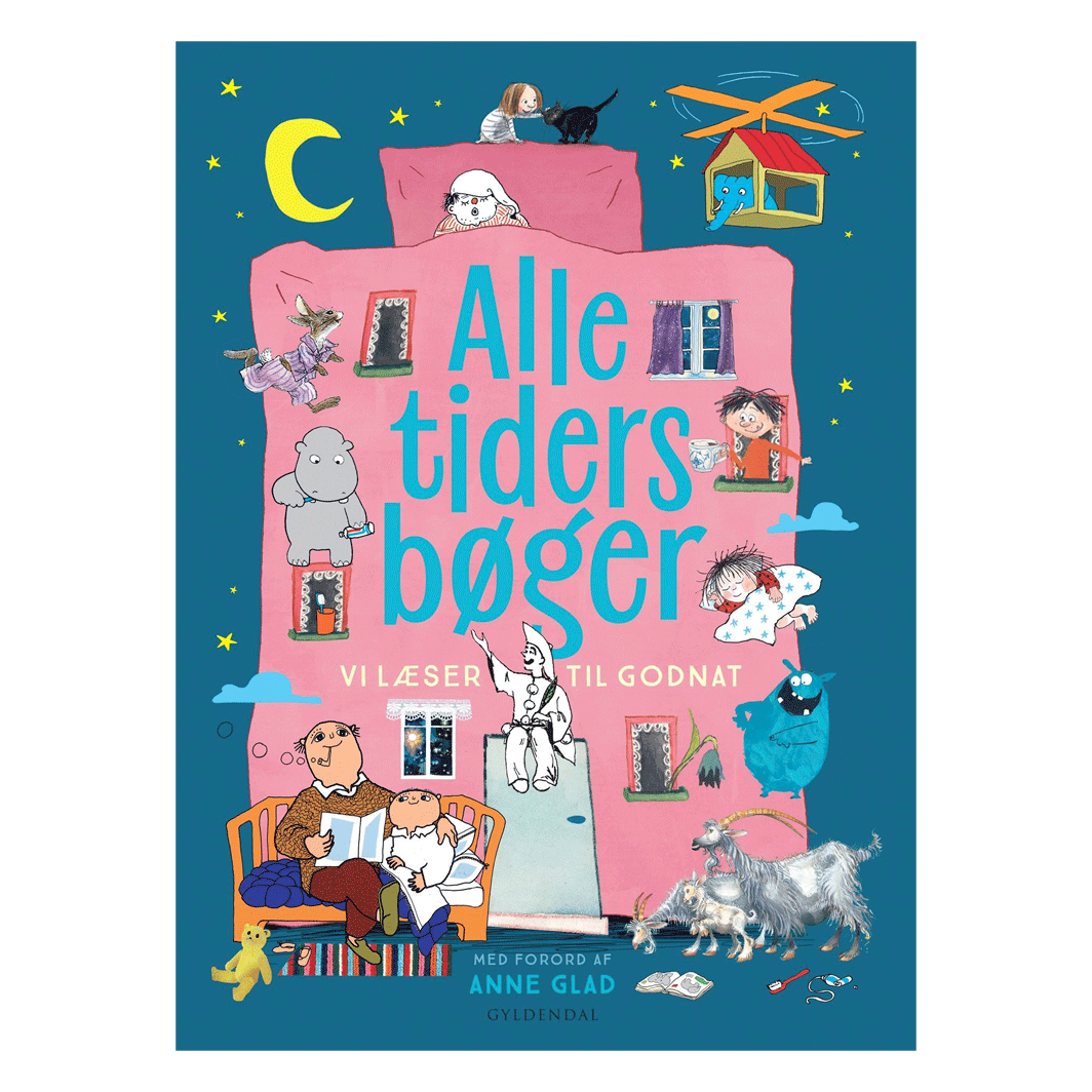 Alle tiders bøger, Vi læser til godnat. Titel på børnebog med illustrationer.