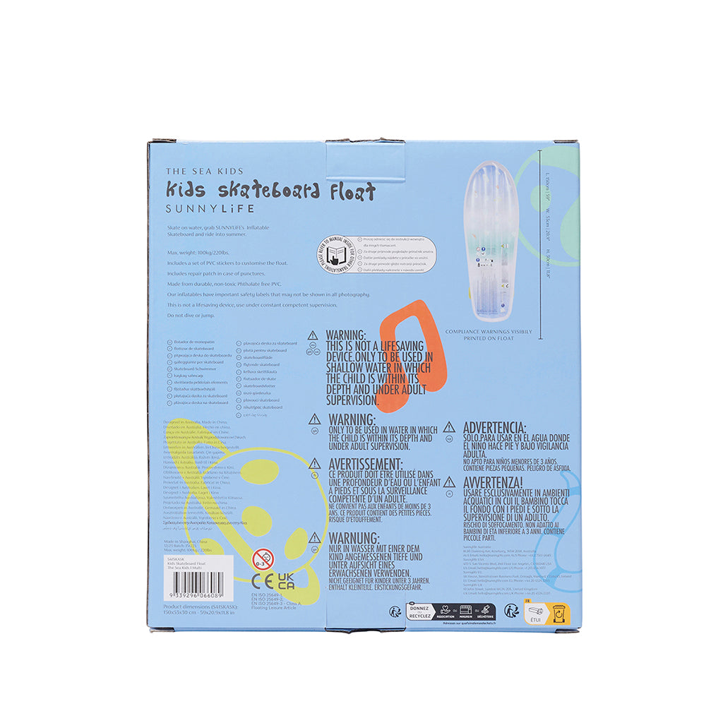 Sunnylife Inflatable Mattress, Skateboard - Blue/Lime - Ages 6 and Up