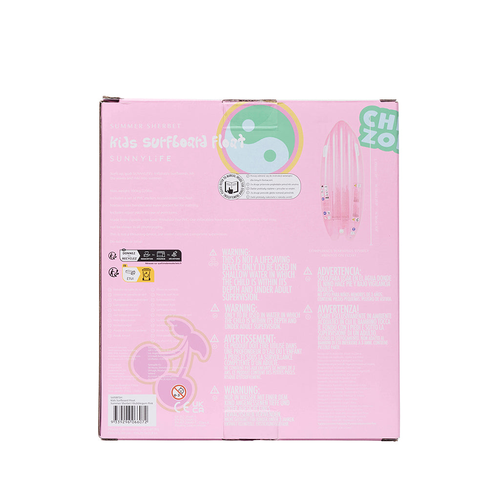 Sunnylife Inflatable Mattress, Surfboard Float in Summer Sherbet Bubblegum Pink - Suitable for Ages 6 and Up