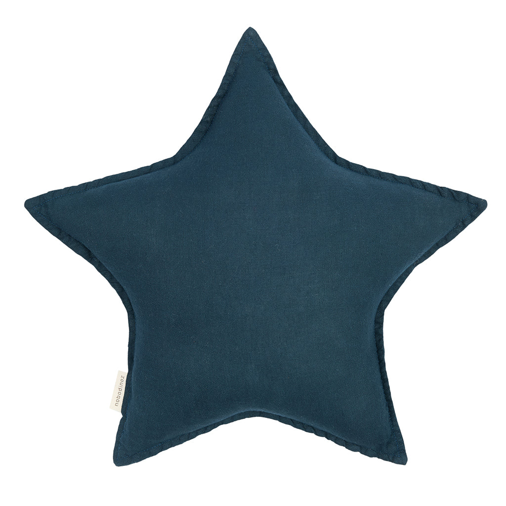 Nobodinoz Star Pillow, Washed French Linen - Deep Blue