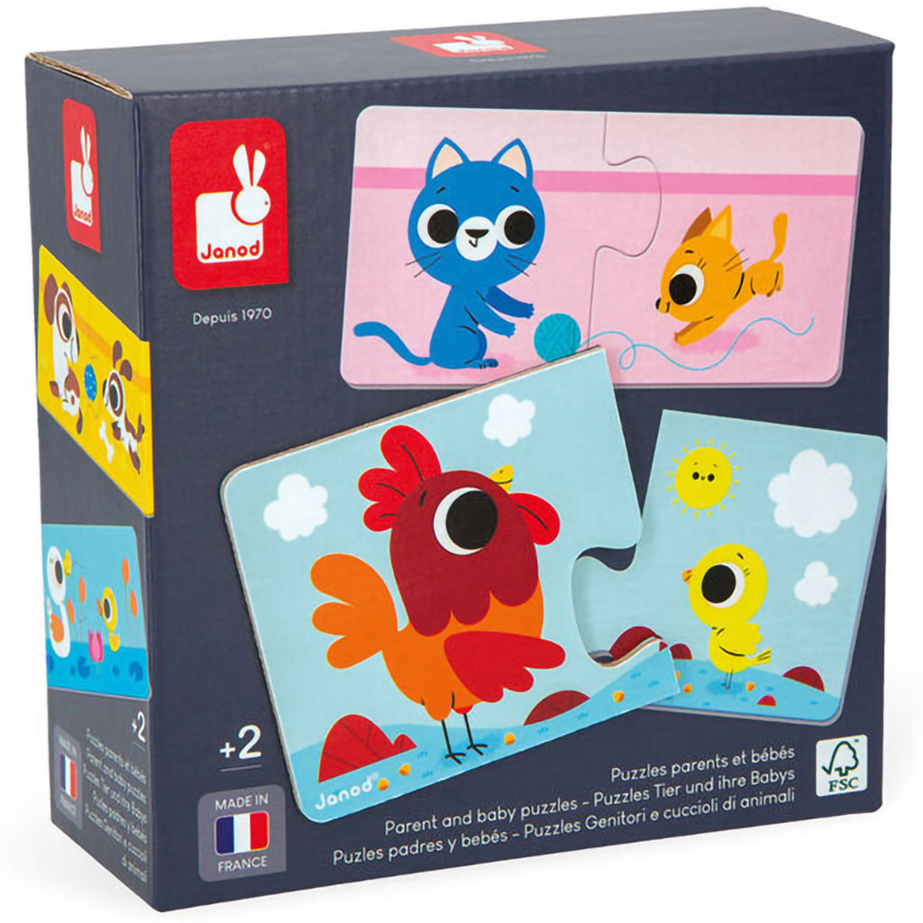 Janod Puzzle, Animal Babies and Their Parents - 12 Puzzles with 2 Pieces Each