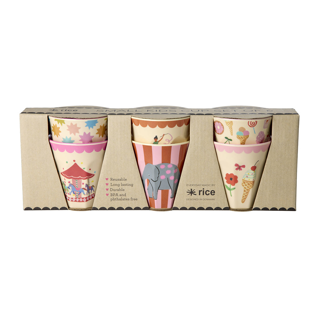 Rice Melamine Cups, Fun Fair Print, Set of 6, Small - Pink