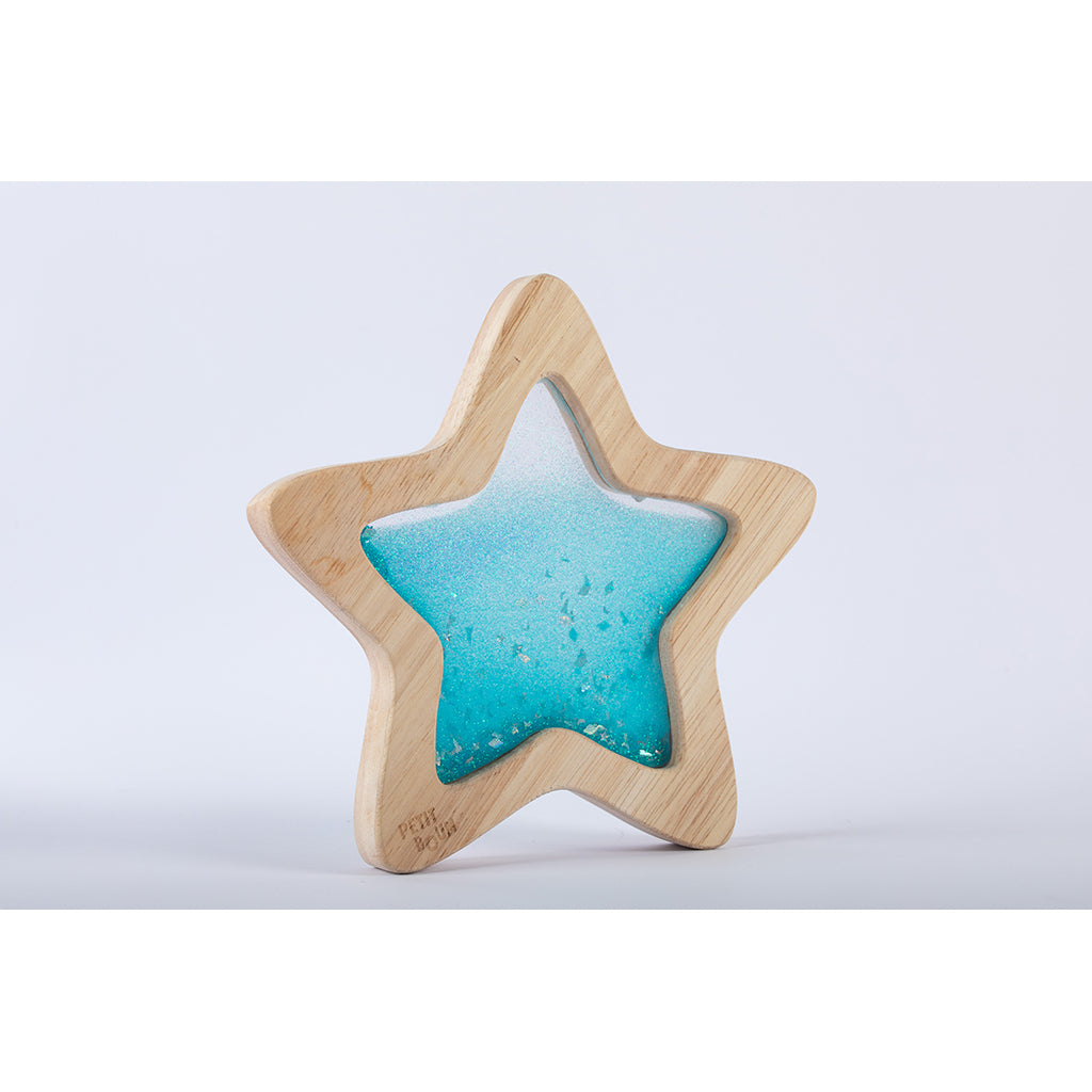 Petit Boum sensory toy, wooden star with liquid and glitter – Blue Orionis
