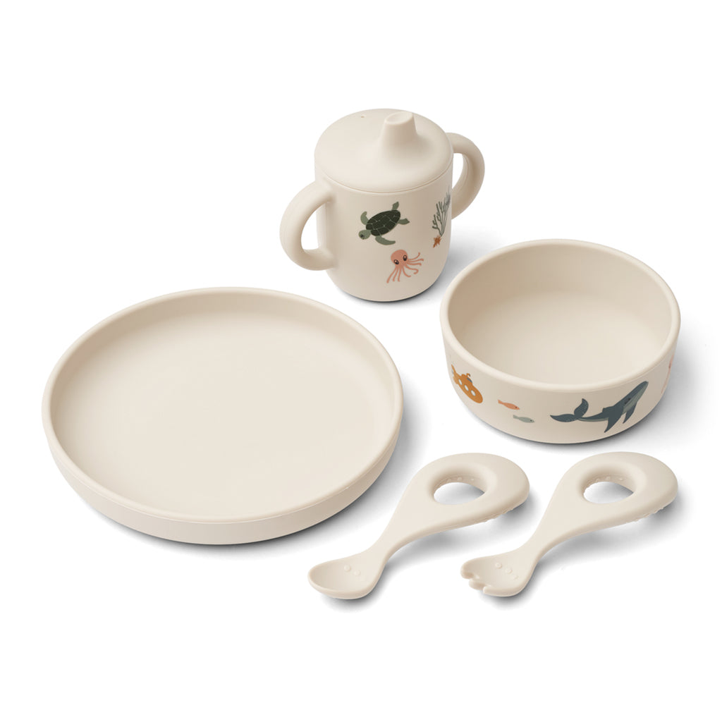 Liewood Ryle Printed Silicone Baby Dinnerware Set, 5 Pieces – Sea Creature/Sandy