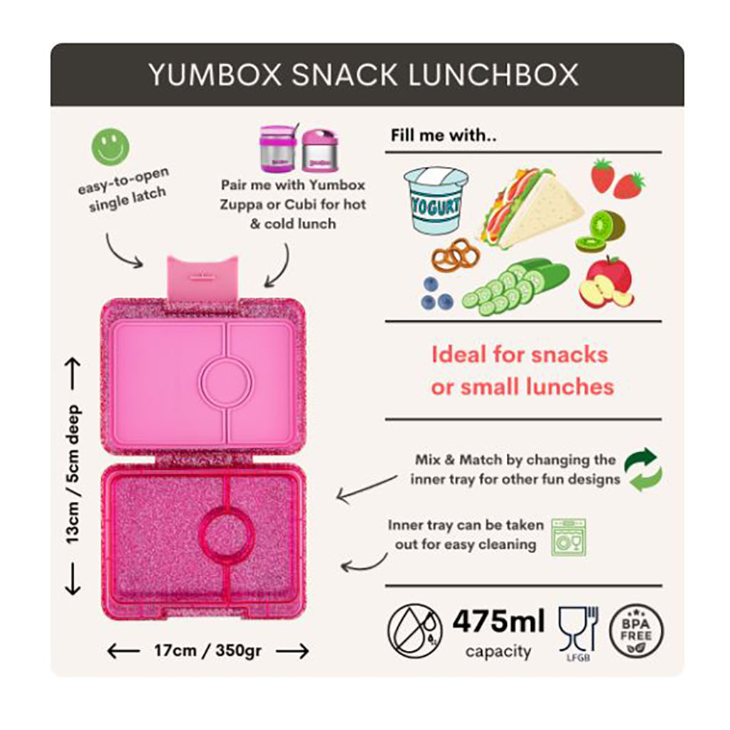 Yumbox Snack Lunchbox with 3 Compartments – Sparkle Pink Glitter/Pink Clear