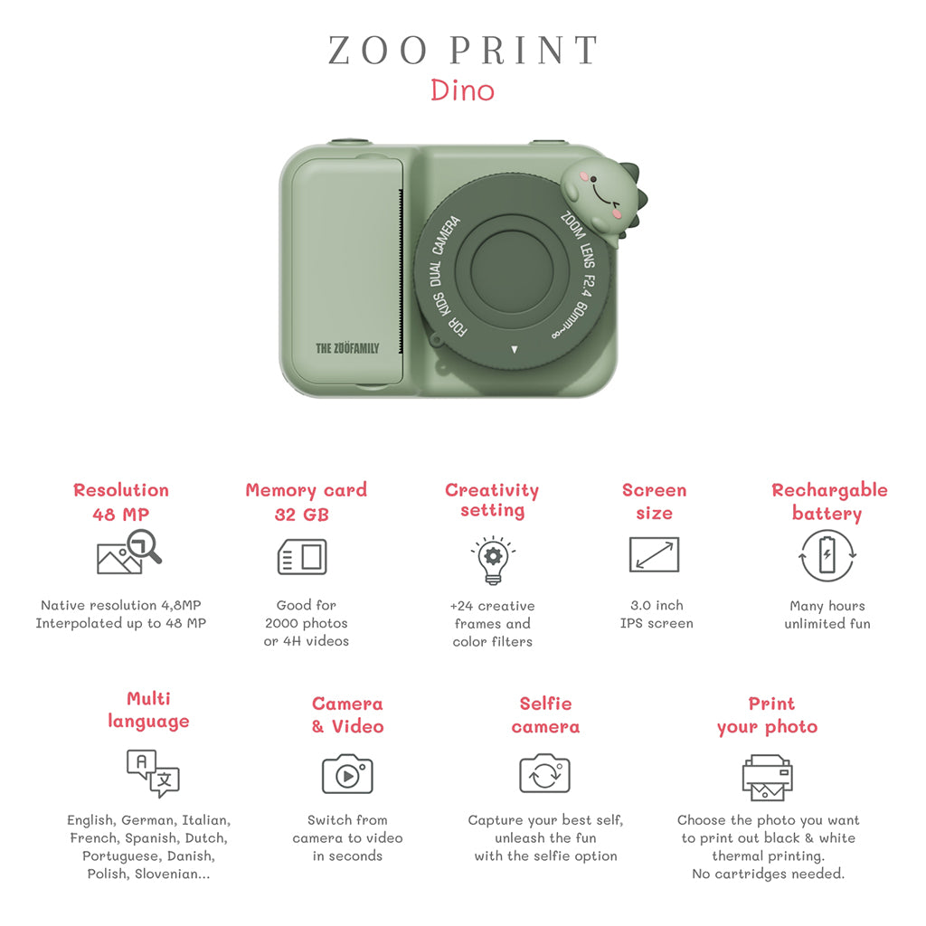 The ZooFamily, Zoo Print, 3-in-1 Camera with Print Function, Ages 5-11 - Dino