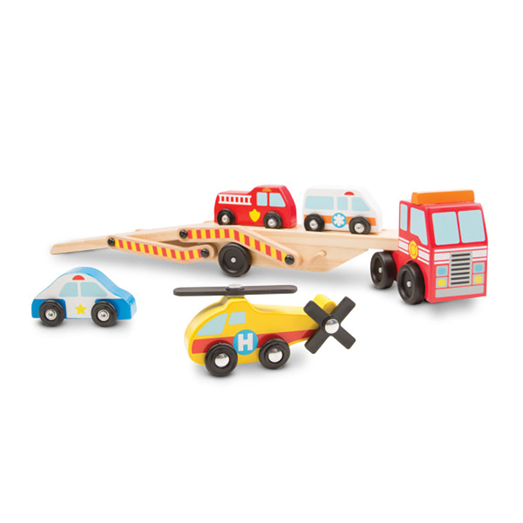 Melissa & Doug Wooden Toy Cars, Rescue Vehicle Transporter
