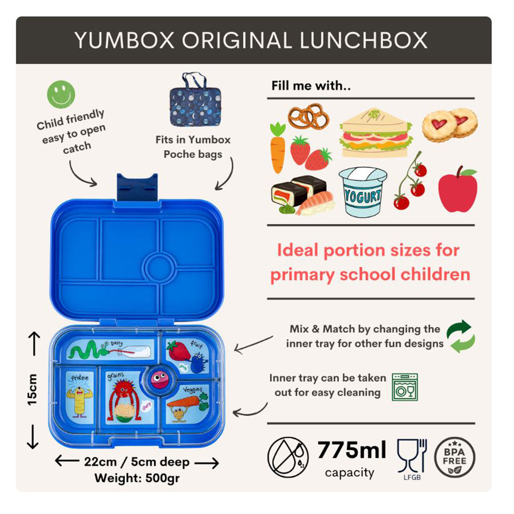 Yumbox Lunchbox with 6 Compartments, Original - Funny Monster - Surf Blue