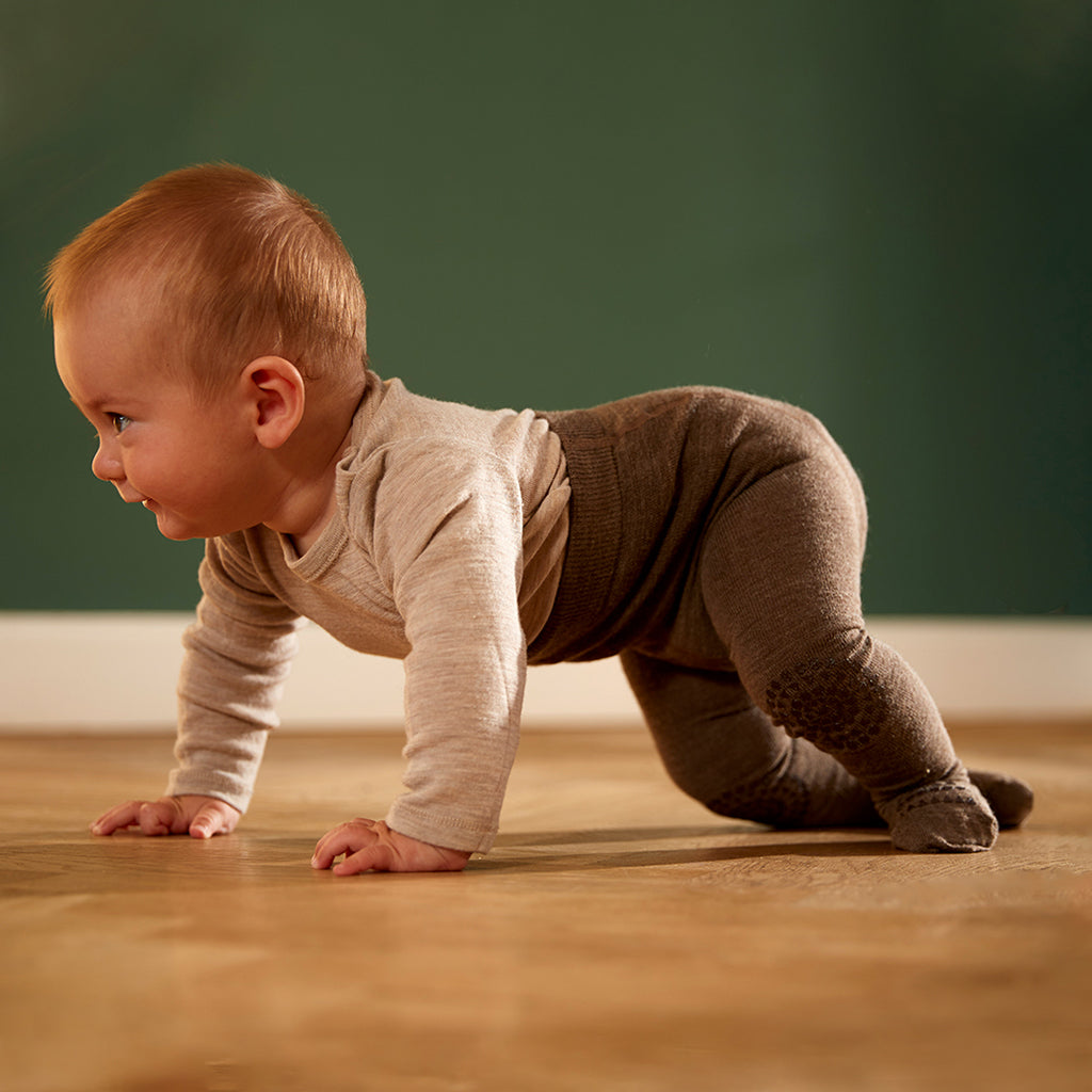 GoBabyGo Crawling Tights with Rubber Grips, Brown Melange - Wool