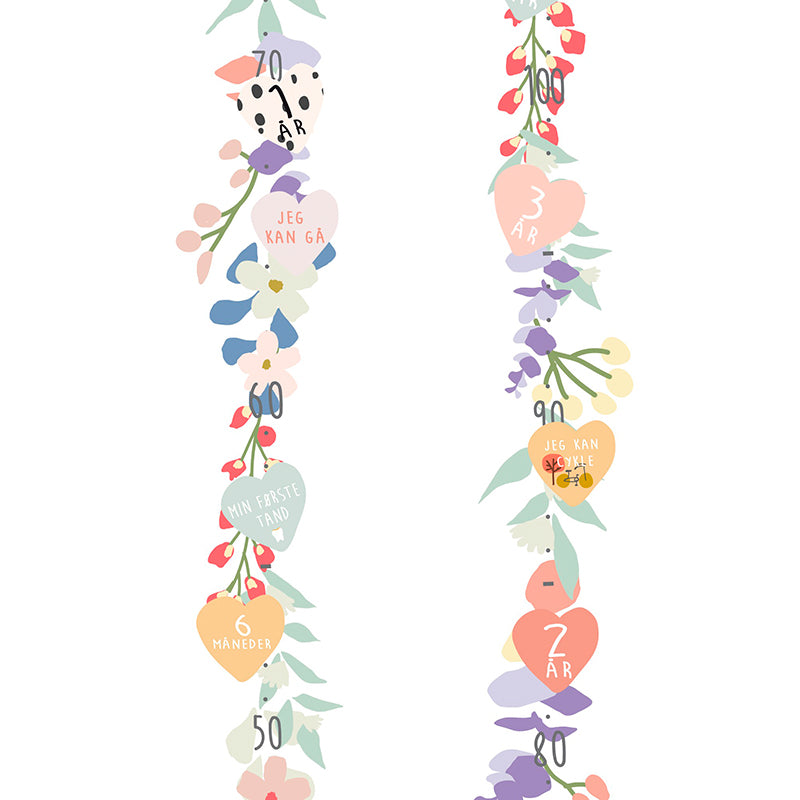 Mimi Lou Wall Sticker, Growth Chart with Milestone Markers - Spring Flowers with Danish Text