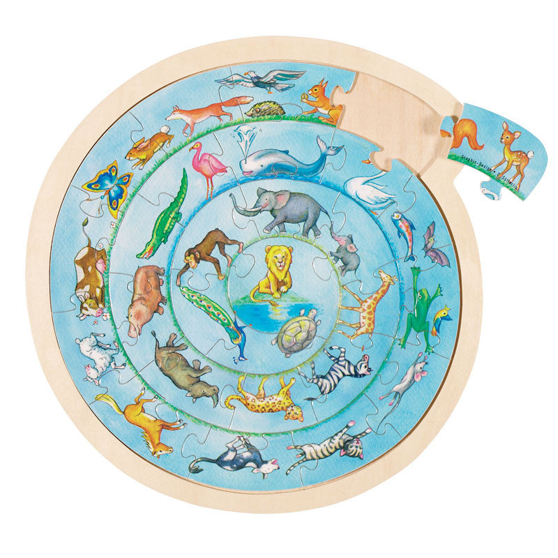 Puslespil i træ med dyremotiver, rundt - 27 brikker