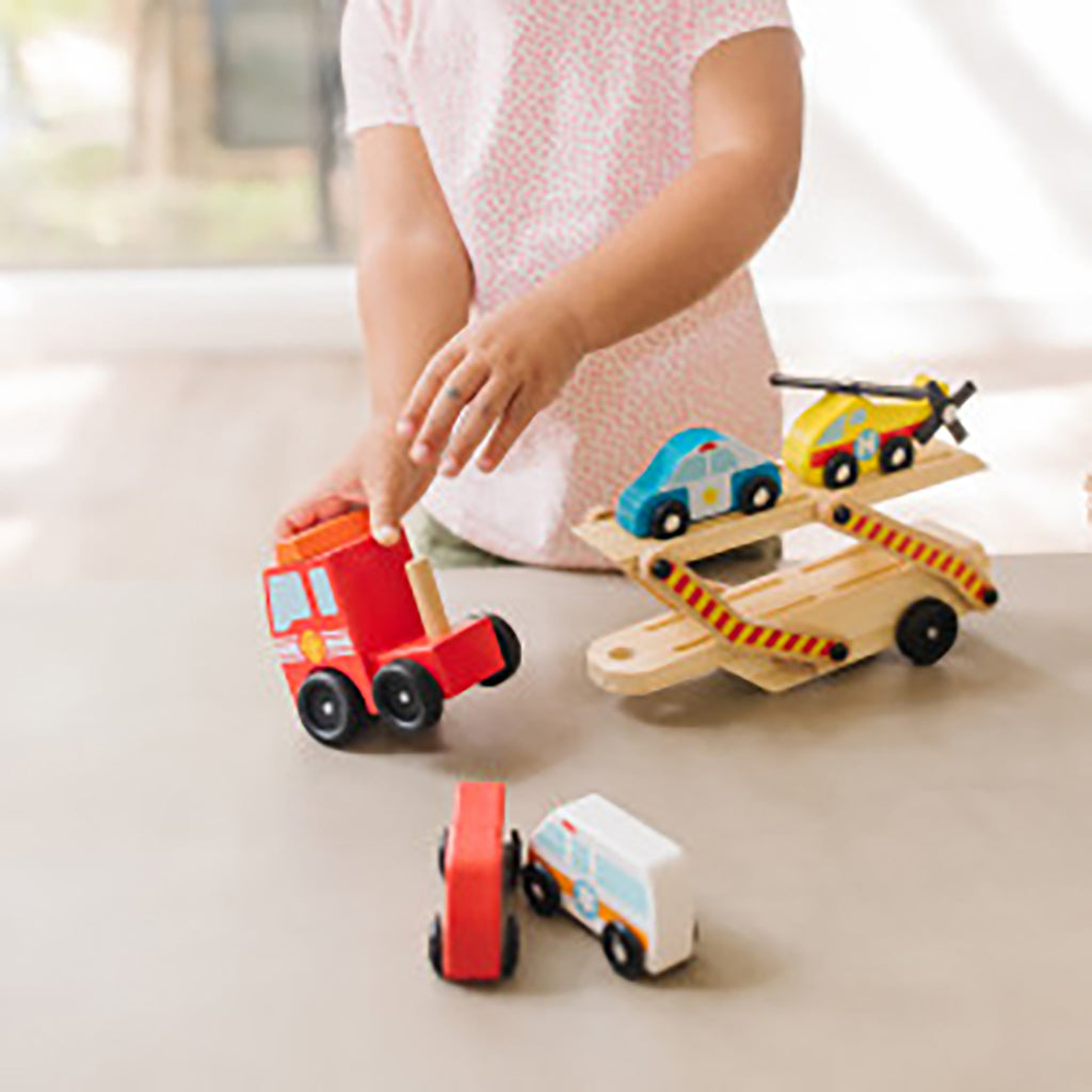 Melissa &amp; Doug Wooden Toy Cars, Rescue Vehicle Transporter