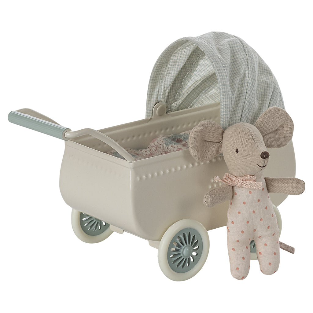 Maileg Doll Accessory for Mice, Pram with Baby Mouse – Mint
