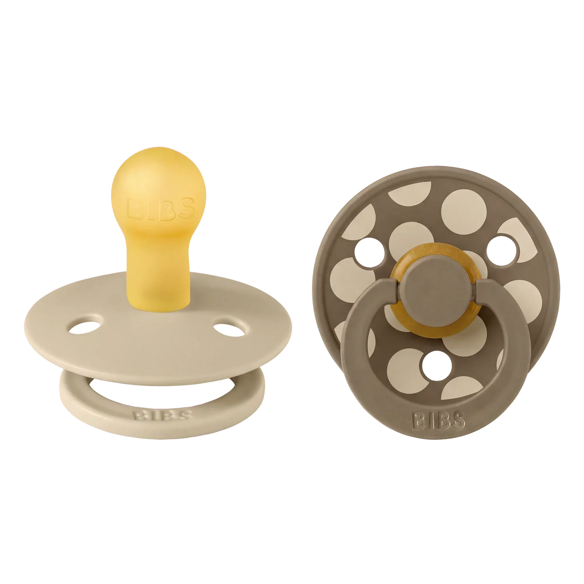 Bibs Natural Rubber Pacifiers, Size 2 – Polka Vanilla/Dark Oak