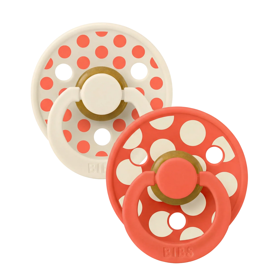 Bibs Natural Rubber Pacifiers, Size 2 – Polka Ivory/Tango