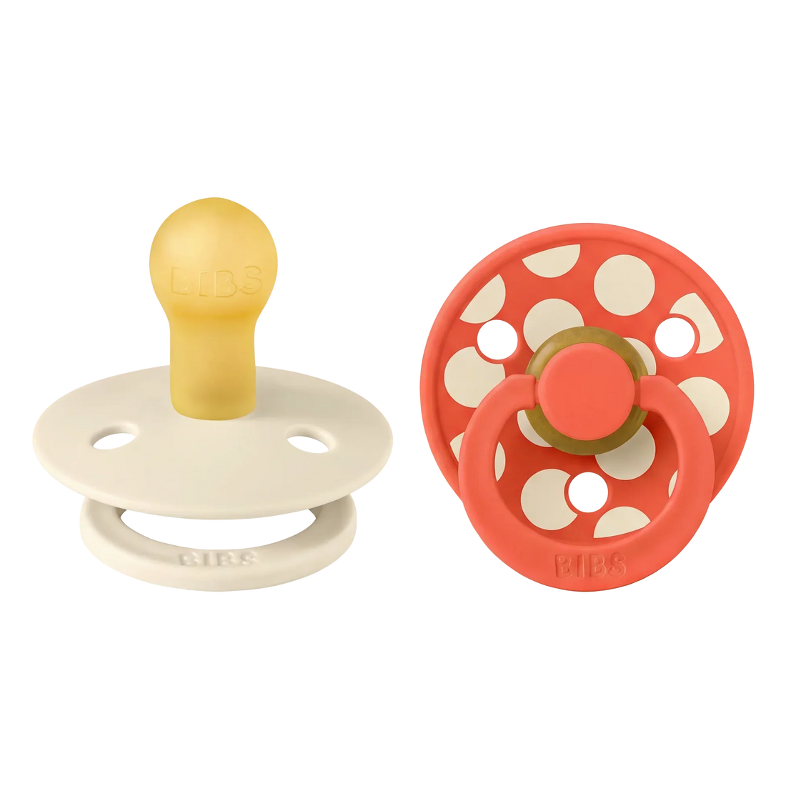 Bibs Natural Rubber Pacifiers, Size 2 – Polka Ivory/Tango