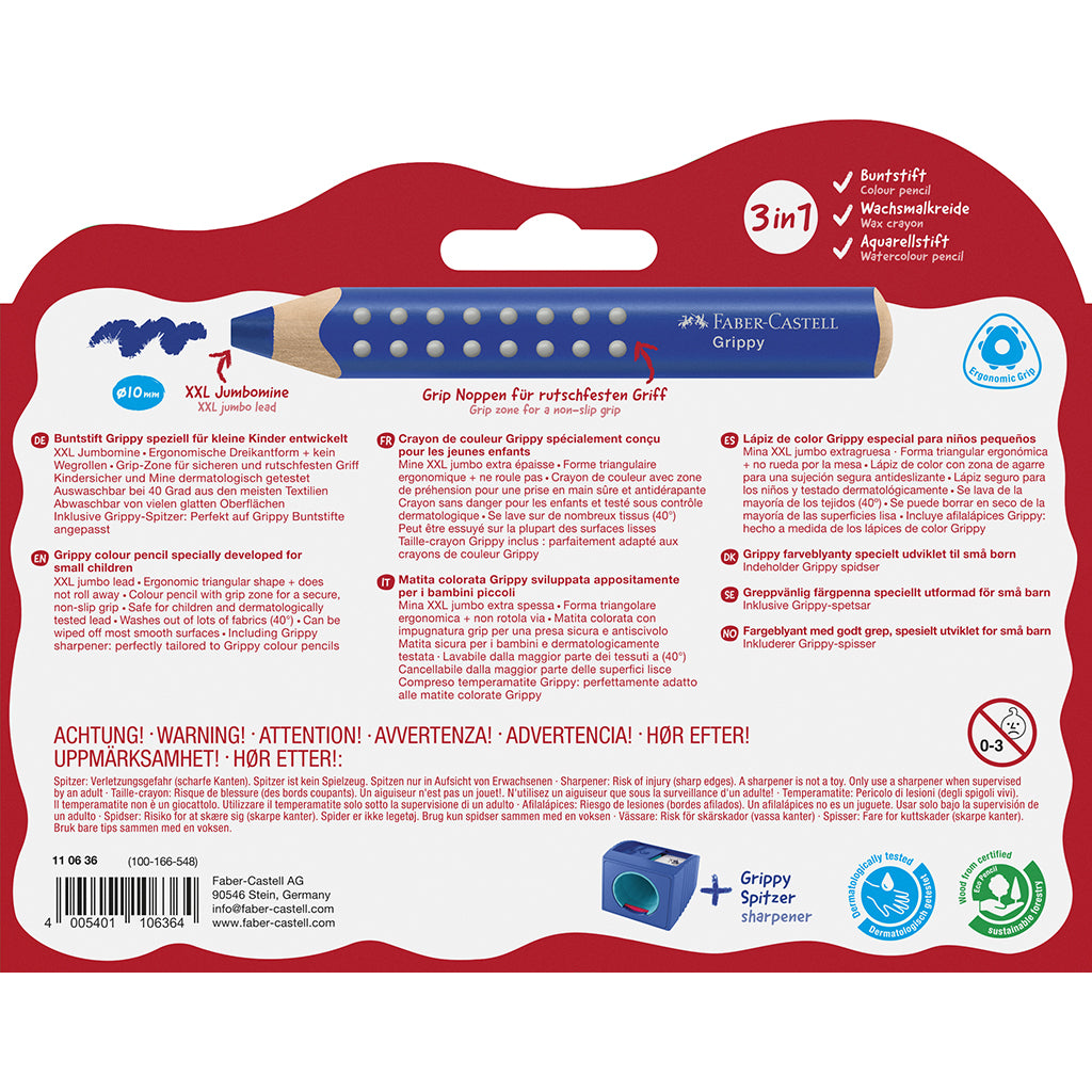 Faber-Castell, Grippy Jumbo Coloring Pencils – Set of 10 + 1 Pencil Sharpener