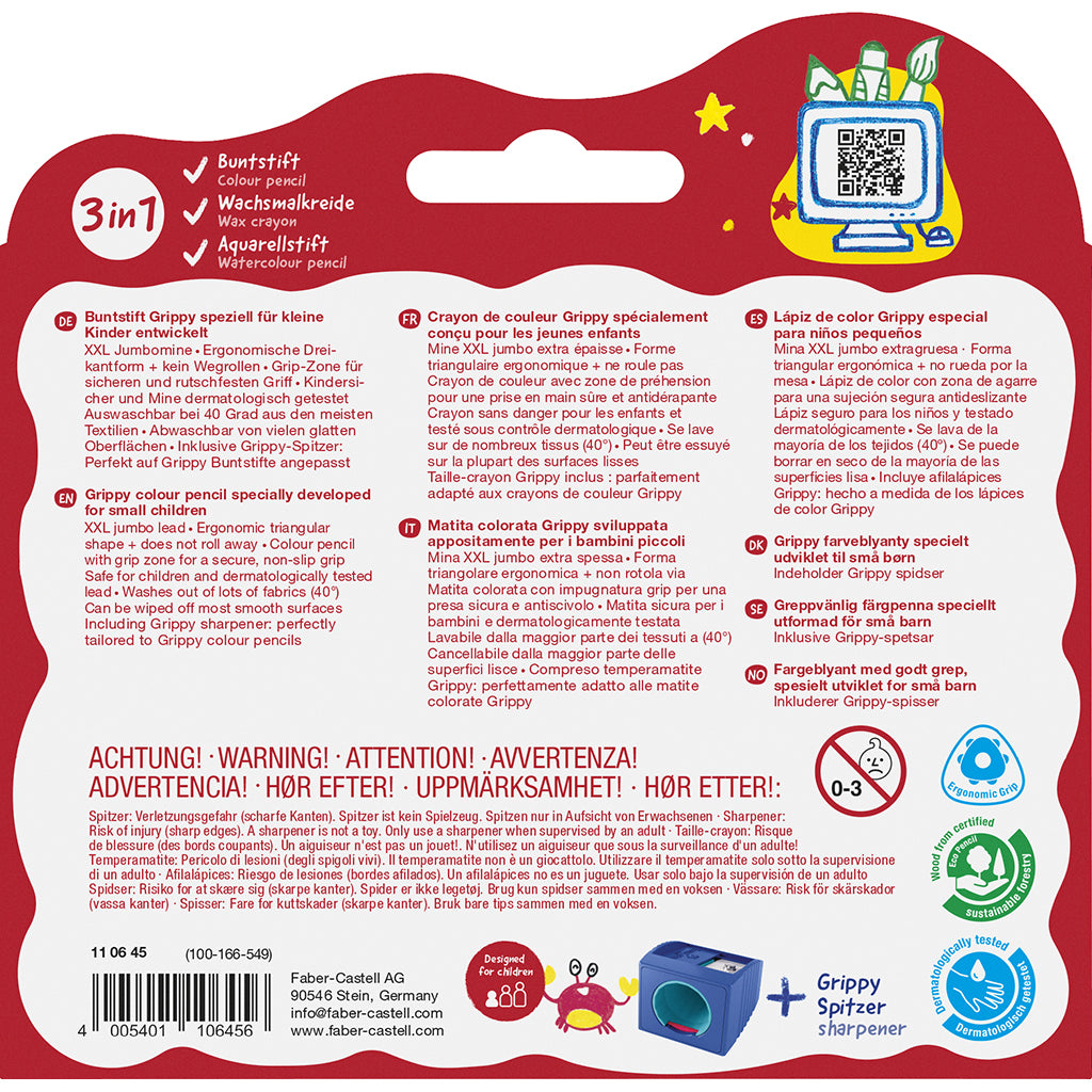 Faber-Castell Grippy Jumbo Colored Pencils Set - 16 Pieces with Sharpener