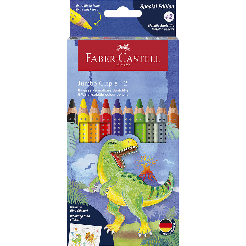 Faber-Castell, 8+2 Jumbo Grip Colors with Stickers – Dinosaur