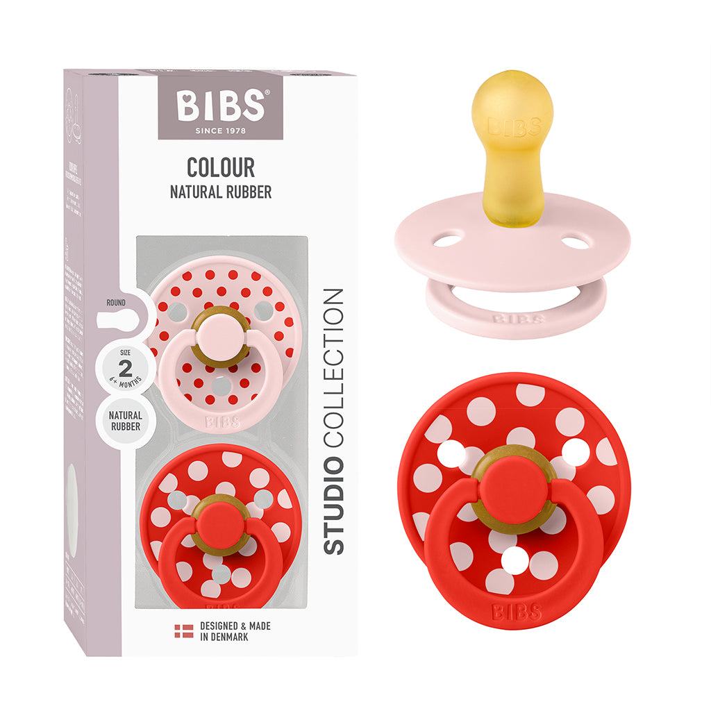 Bibs Natural Rubber Pacifier, 2-Pack, Size 2 - Studio Colour, Polka - Blossom/Candy Apple