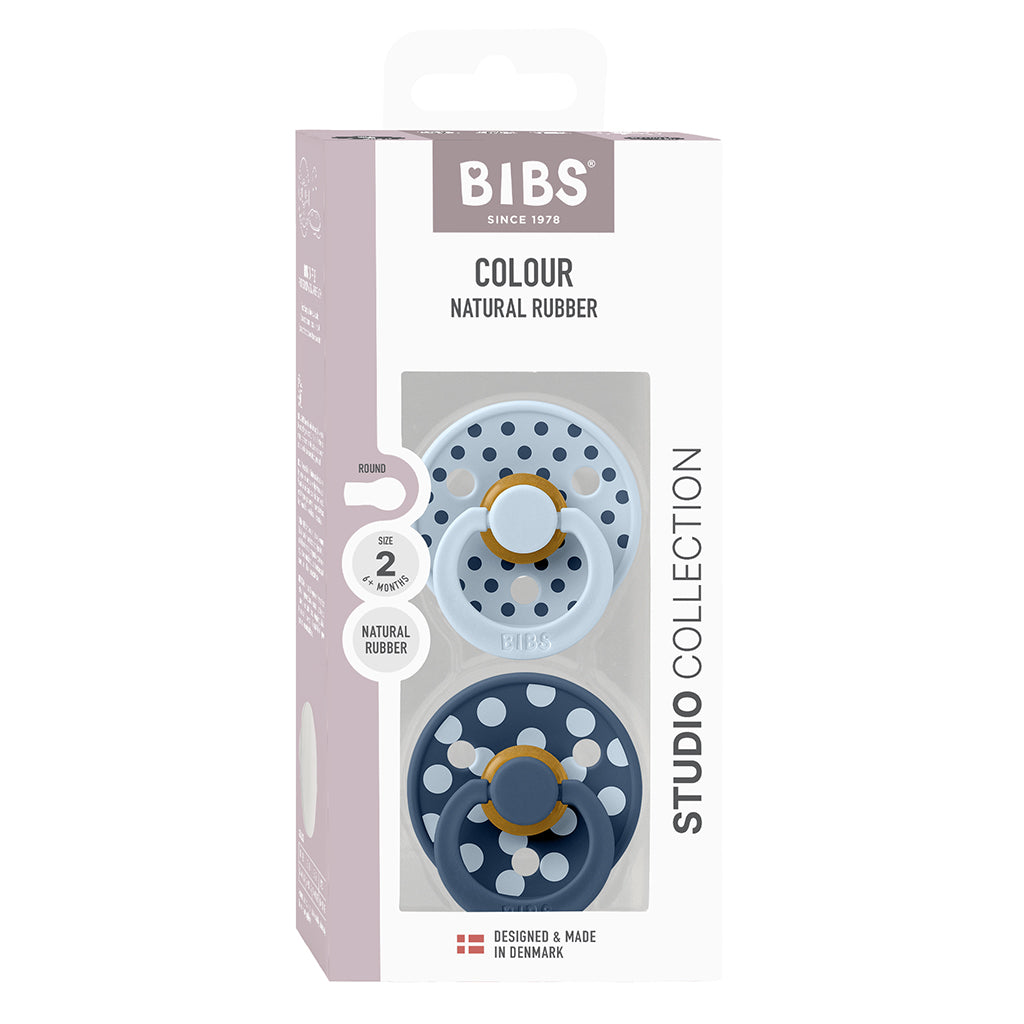 Bibs Natural Rubber Pacifier, 2-Pack, Size 2 - Studio Colour, Polka - Baby Blue/Steel Blue
