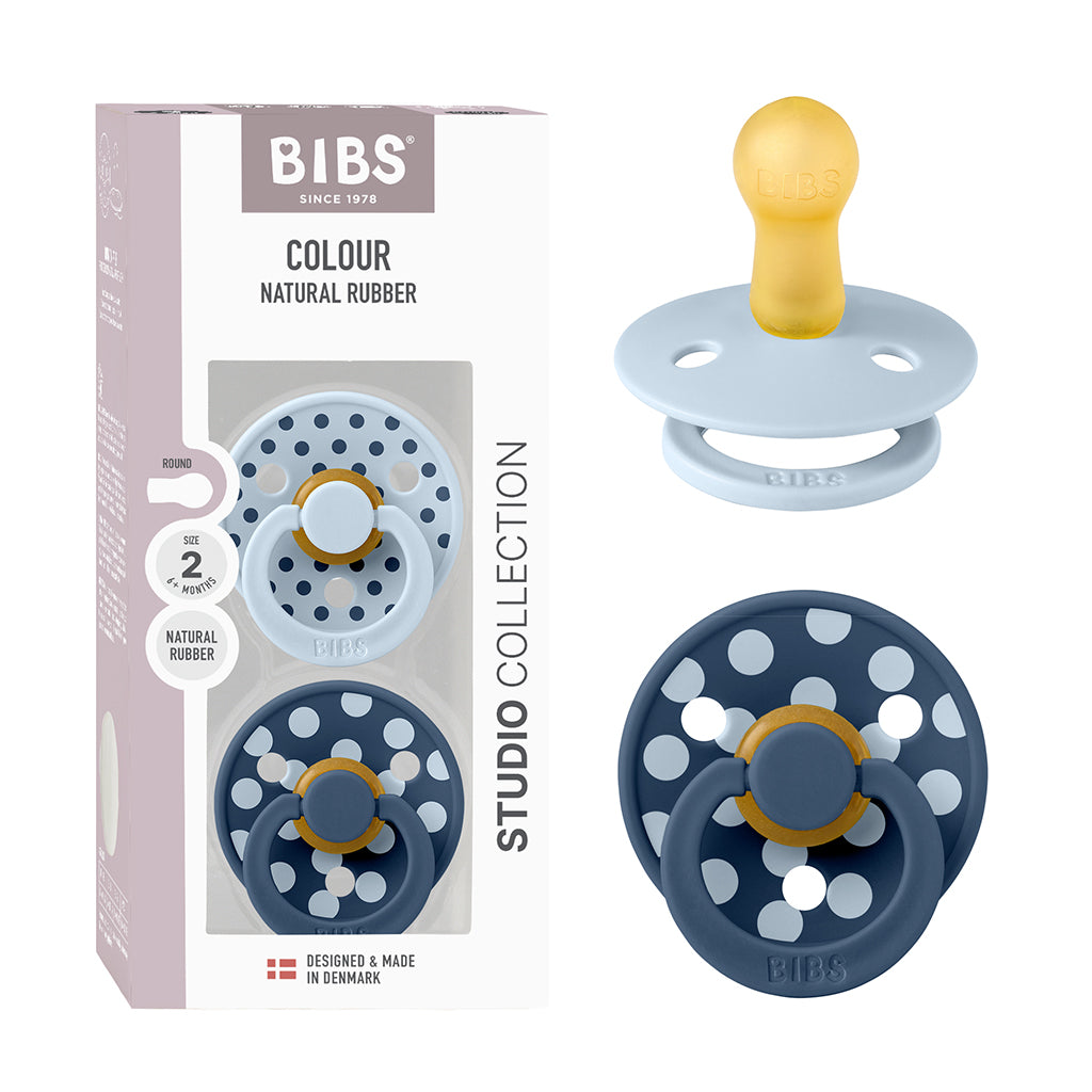 Bibs Natural Rubber Pacifier, 2-Pack, Size 2 - Studio Colour, Polka - Baby Blue/Steel Blue