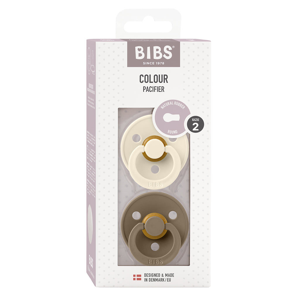 Bibs 2-Pack, Natural Rubber Soothers, Size 2 – Ivory/Dark Oak