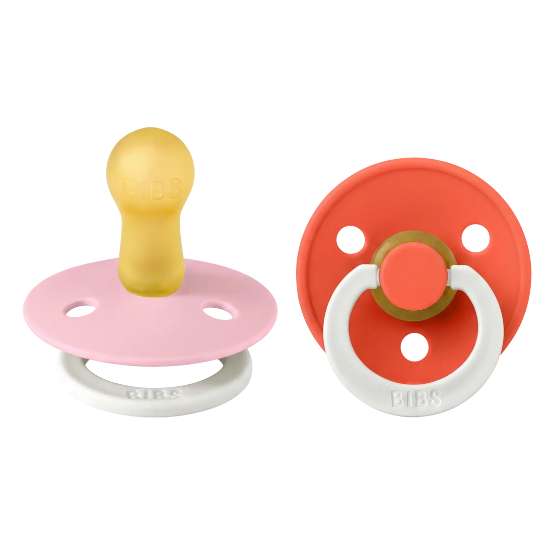 BIBS Natural Rubber Pacifiers, Size 2, 2-Pack – GLOW Baby Pink/Tango
