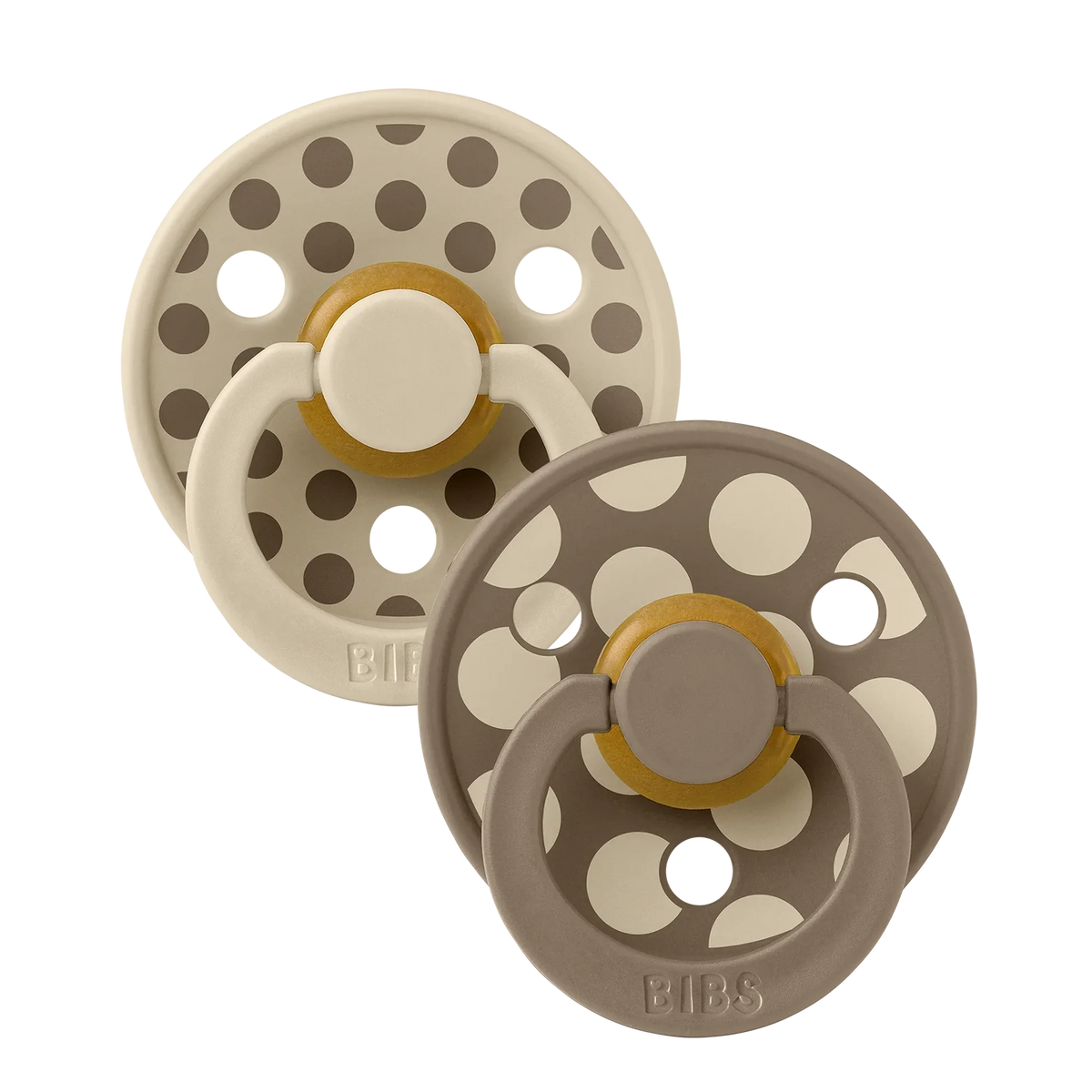 Bibs Natural Rubber Pacifiers, Size 2 – Polka Vanilla/Dark Oak