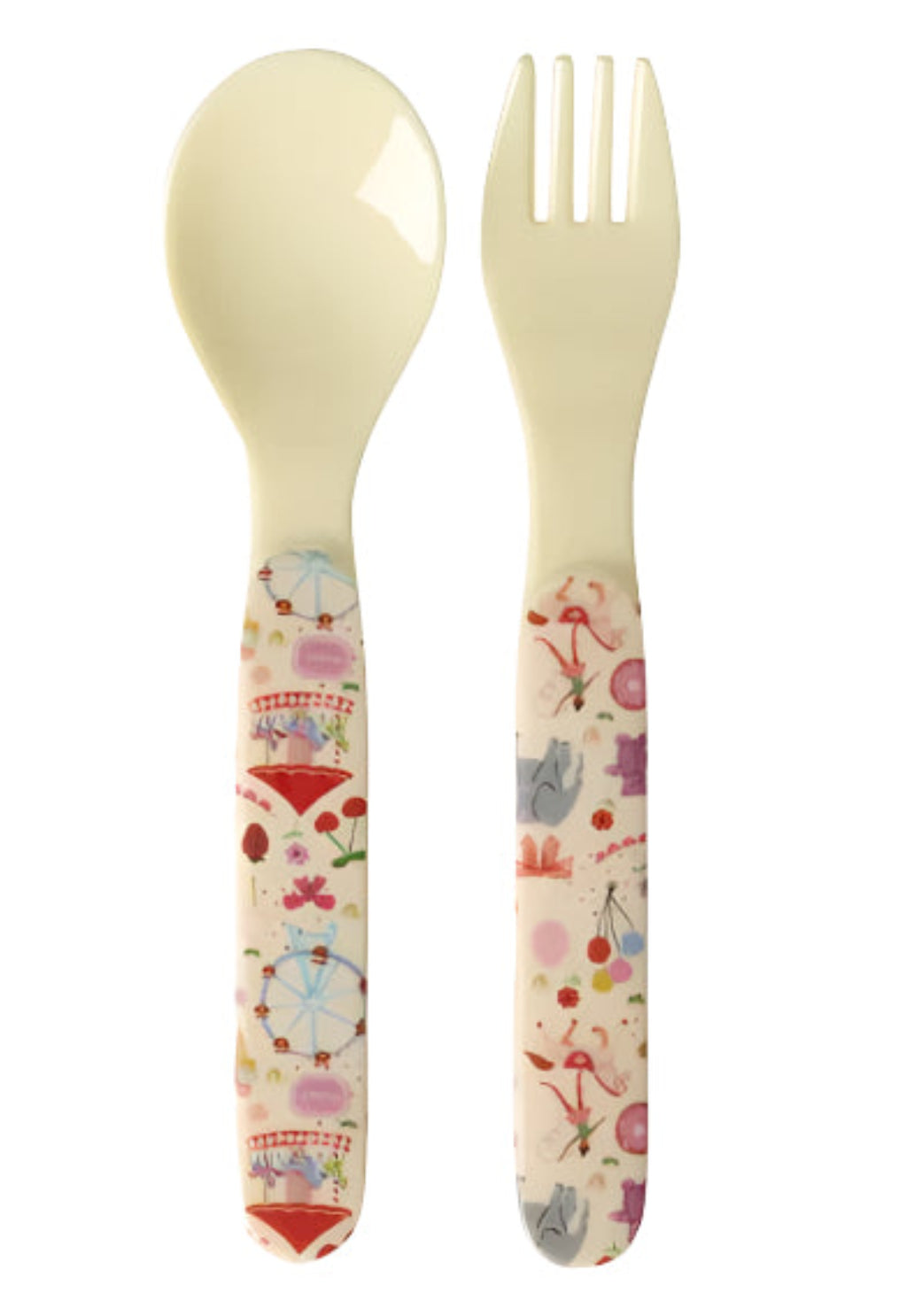 Rice Baby Spoon and Fork Set in Melamine, Pink - Fun Fair Print