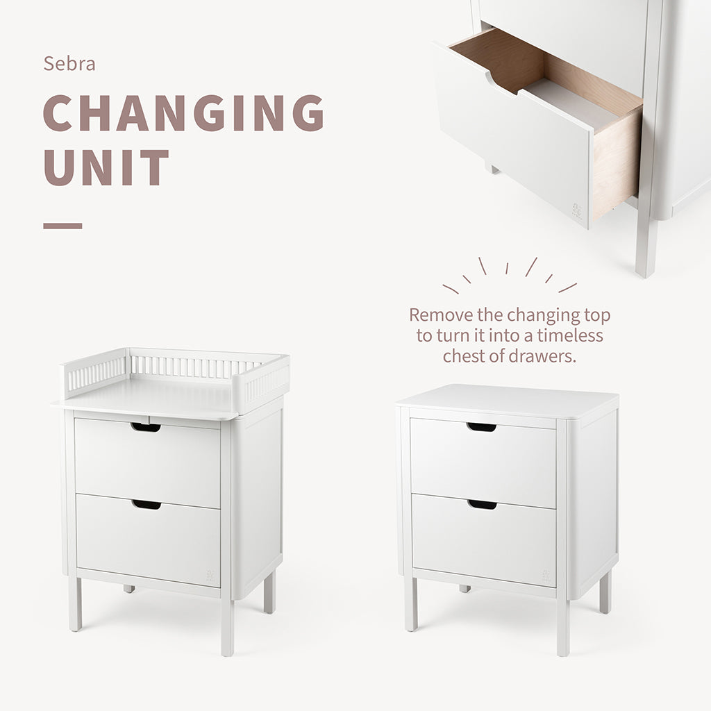 Sebra Wooden Changing Table, 2-in-1 Design with Drawers - Classic White