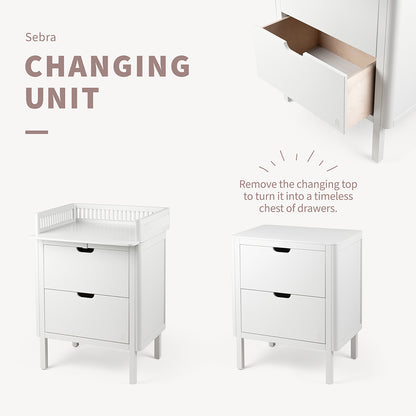 Sebra Wooden Changing Table, 2-in-1 Design with Drawers - Classic White