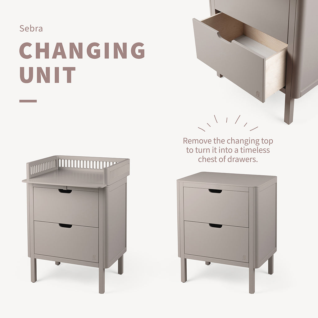 Sebra Wooden Changing Table, 2-in-1 Design with Drawers - Jetty Beige