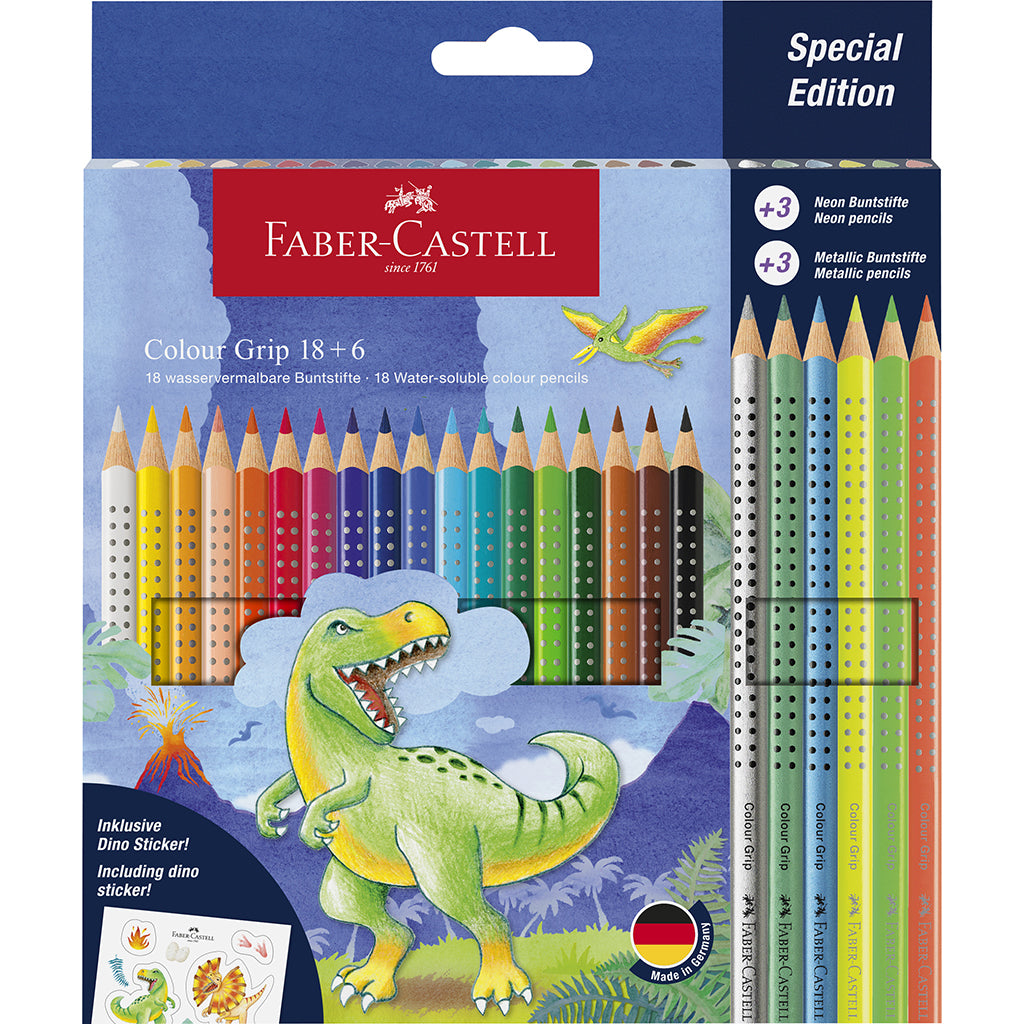 Faber-Castell 18+6 Grip Watercolor Colored Pencils + Stickers, Dinosaur